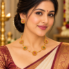 Woman wearing ruby emerald floral motif traditional necklace set