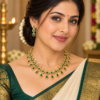 Woman wearing emerald green teardrop stone traditional necklace set