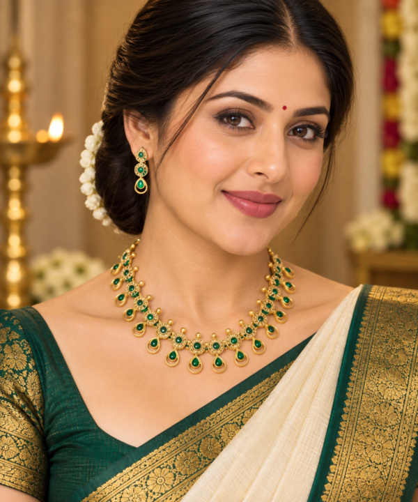 Woman wearing emerald green teardrop stone traditional necklace set