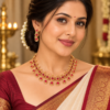 Woman wearing ruby red teardrop stone necklace with matching earrings