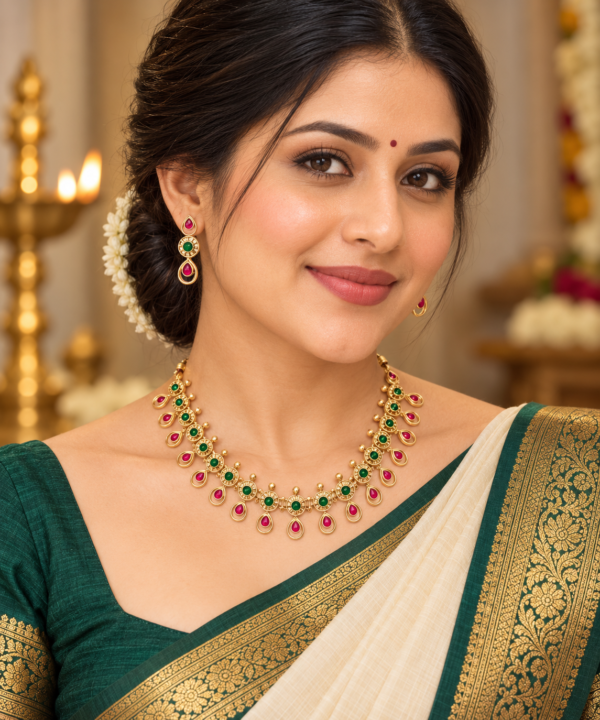 Woman wearing ruby emerald teardrop stone traditional necklace set