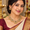 Traditional peacock necklace set styled with saree for festive wear