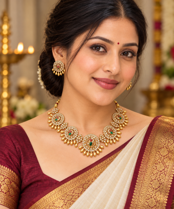 Traditional peacock necklace set styled with saree for festive wear