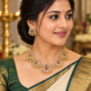 Woman wearing peacock kundan stone necklace set with matching earrings
