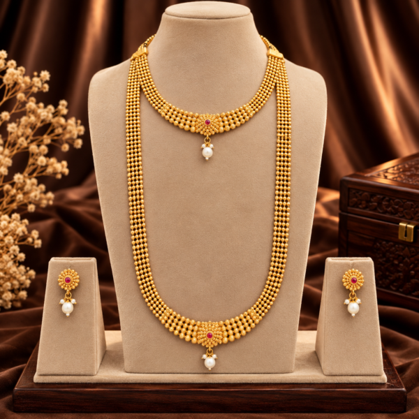 Woman wearing golden beads short necklace and long haram combo set