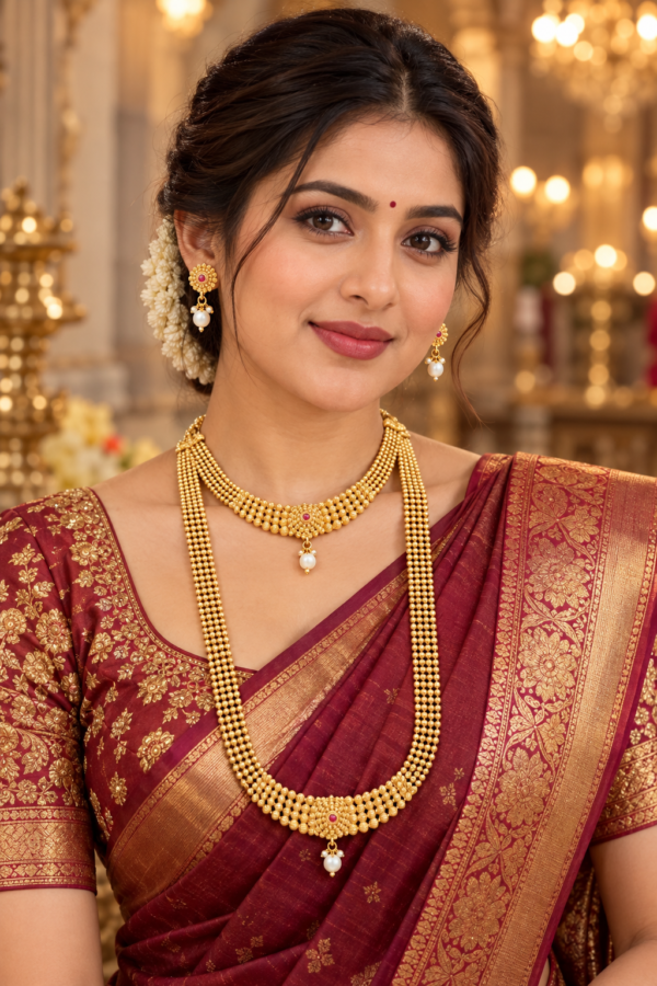 Multi layer golden beads short necklace and long haram combo set with earrings