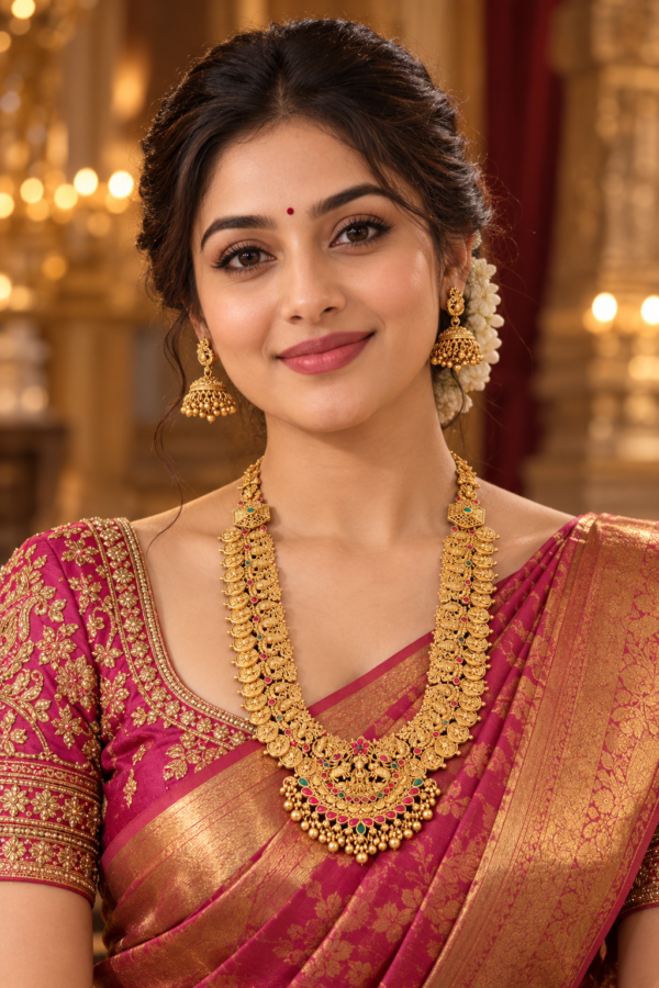 Woman wearing Peacock Lakshmi bridal long haram with jhumka earrings