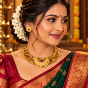 Maharashtrian Chandrakor Thushi necklace with ruby stone stud earrings and Nath