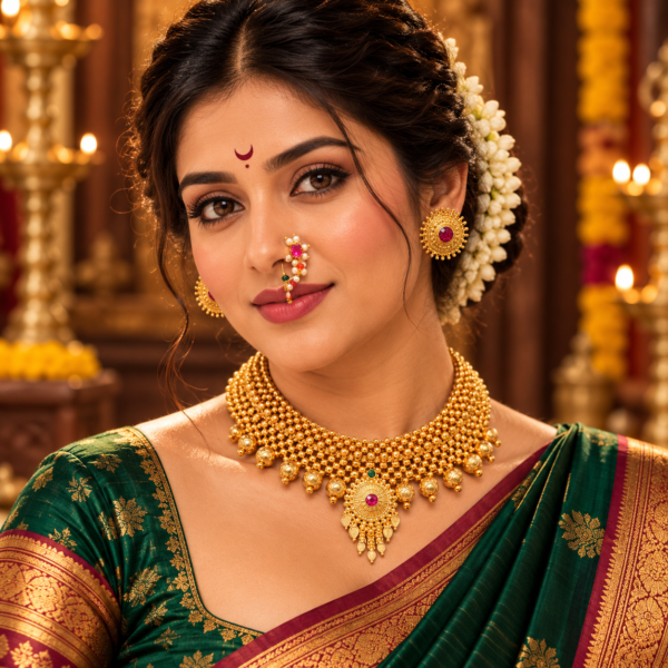 Traditional Maharashtrian Thushi necklace with pendant stud earrings and Nath