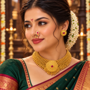 Maharashtrian Thushi necklace with round pendant stud earrings and Nath