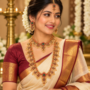 South Indian bride wearing a trending Guttapusalu pearl cluster necklace set with matching earrings and maang tikka.