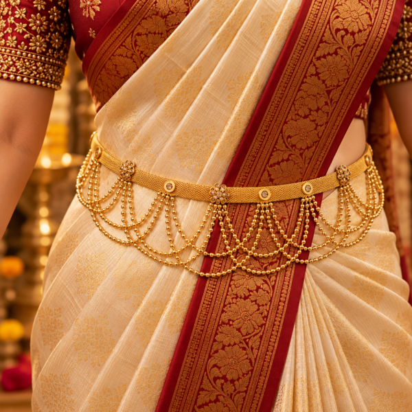 Traditional layered gold-tone Kamarpatta waist belt with decorative floral accents and hanging beaded chains worn over a cream silk saree with maroon border.