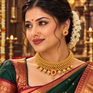 Maharashtrian Thushi necklace with gold bead drops stud earrings and Nath