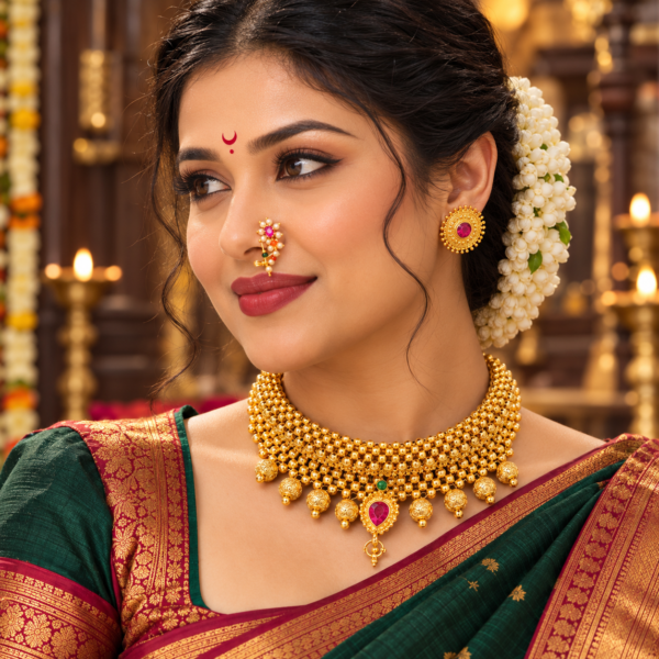 Maharashtrian Thushi necklace with gold bead drops stud earrings and Nath