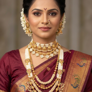 Traditional Maharashtrian pearl choker and multi-layered long haram jewellery set with earrings and nath