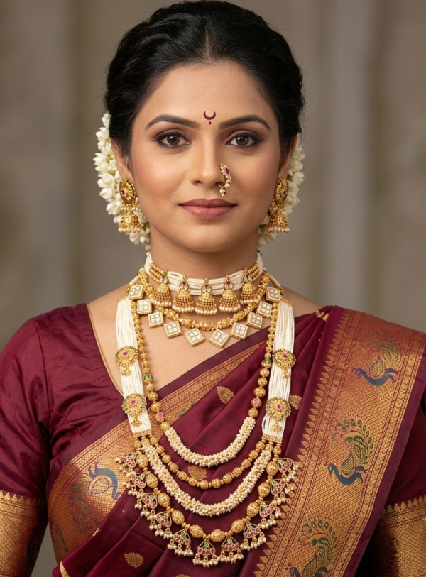 Traditional Maharashtrian pearl choker and multi-layered long haram jewellery set with earrings and nath