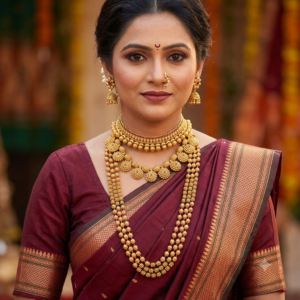 Maharashtrian semi bridal gold finished jewellery set with choker, short necklace, long bormala haram, jhumkas, and nath on Marathi bride in Nauvari saree