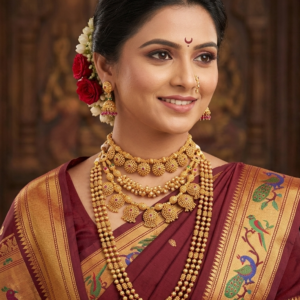 Maharashtrian semi bridal gold finish jewellery set with floral choker, short necklace, bormala long haram, jhumkas, and nath on Marathi bride in Nauvari saree