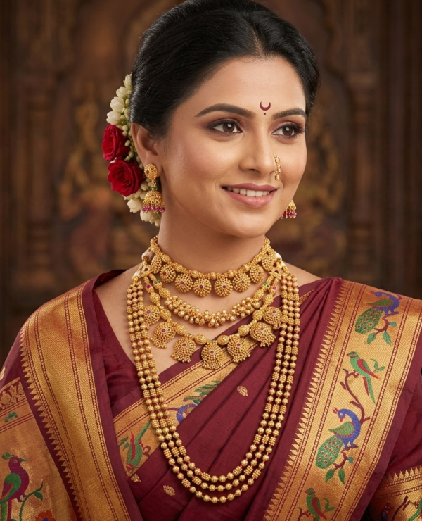 Maharashtrian semi bridal gold finish jewellery set with floral choker, short necklace, bormala long haram, jhumkas, and nath on Marathi bride in Nauvari saree