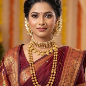 Maharashtrian semi bridal pearl and gold finish jewellery set with choker, short necklace, bormala long haram, jhumkas, and nath on Marathi bride in Nauvari saree