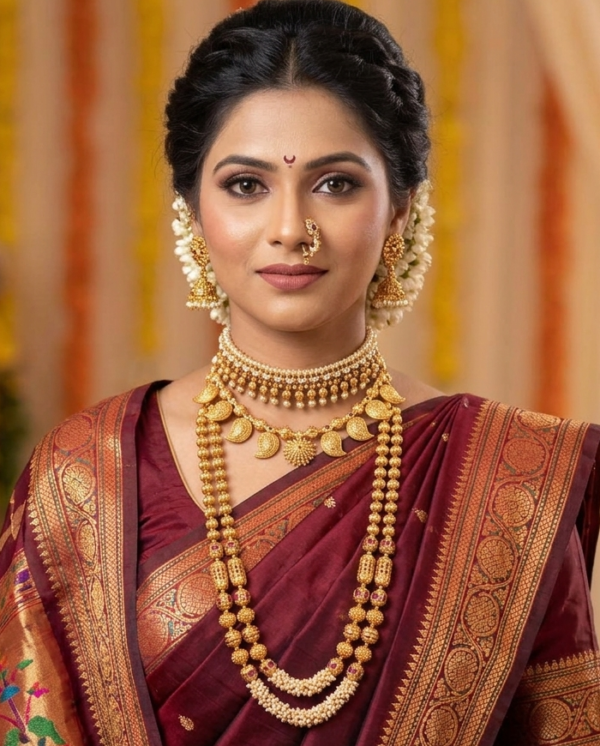Maharashtrian semi bridal pearl and gold finish jewellery set with choker, short necklace, bormala long haram, jhumkas, and nath on Marathi bride in Nauvari saree