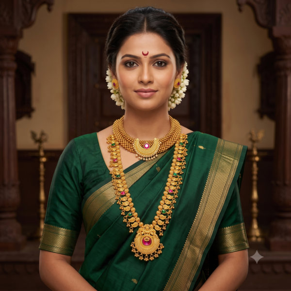 Maharashtrian woman wearing Chandrakor Thushi and long Kolhapuri Saaj