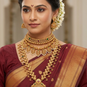 Maharashtrian semi bridal gold finish jewellery set with choker, short leaf necklace, long haram with pendant, and jhumkas on Marathi bride in Nauvari saree
