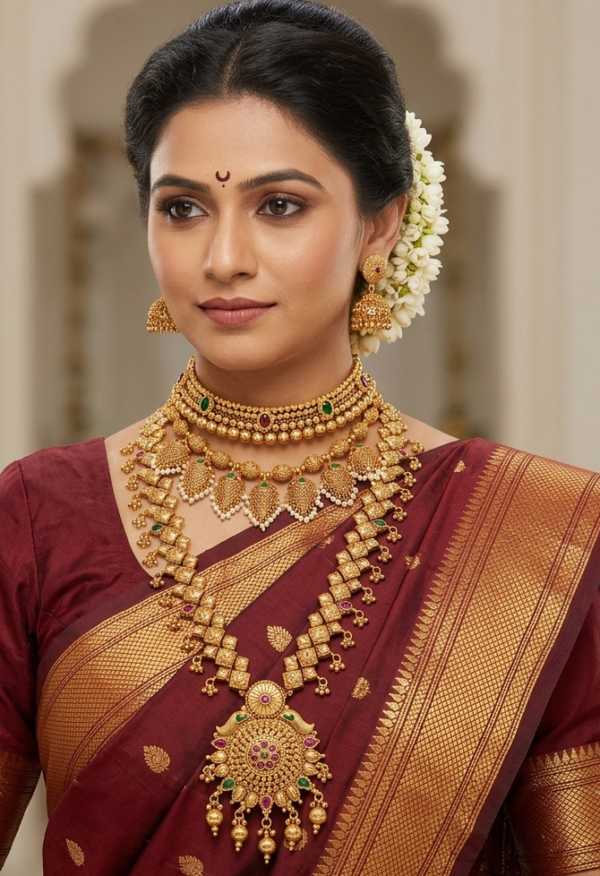 Maharashtrian semi bridal gold finish jewellery set with choker, short leaf necklace, long haram with pendant, and jhumkas on Marathi bride in Nauvari saree