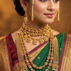 Maharashtrian semi bridal gold finish jewellery set with choker, short necklace, bormala long haram, jhumkas, and nath on Marathi bride in green Nauvari saree