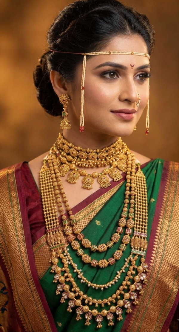 Maharashtrian semi bridal gold finish jewellery set with choker, short necklace, bormala long haram, jhumkas, and nath on Marathi bride in green Nauvari saree