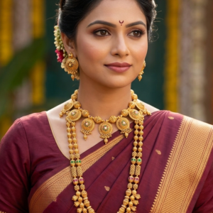 Maharashtrian semi bridal gold finish jewellery set with floral short necklace, long bormala haram, and stud earrings on Marathi bride in Nauvari saree
