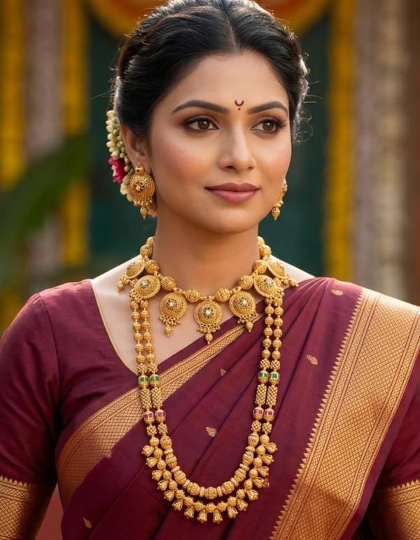 Maharashtrian semi bridal gold finish jewellery set with floral short necklace, long bormala haram, and stud earrings on Marathi bride in Nauvari saree