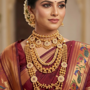 Maharashtrian semi bridal gold and pearl finish jewellery set with choker, short necklace, layered bormala haram, and jhumkas on Marathi bride in Nauvari saree