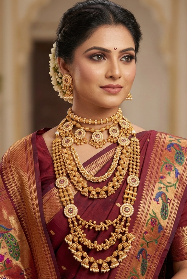 Maharashtrian semi bridal gold and pearl finish jewellery set with choker, short necklace, layered bormala haram, and jhumkas on Marathi bride in Nauvari saree
