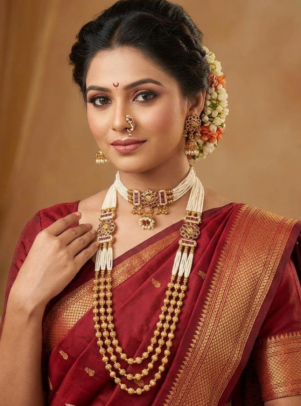 Maharashtrian semi bridal pearl and gold finish jewellery set with choker, 3-strand bormala haram, jhumkas, and nath on Marathi bride in Nauvari saree