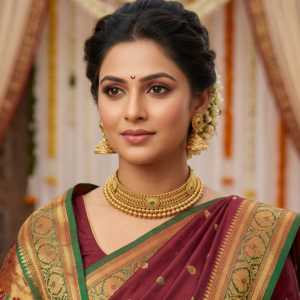 Model wearing a gold plated Maharashtrian thushi choker necklace with green stone centerpiece and matching jhumka earrings with maroon paithani saree.