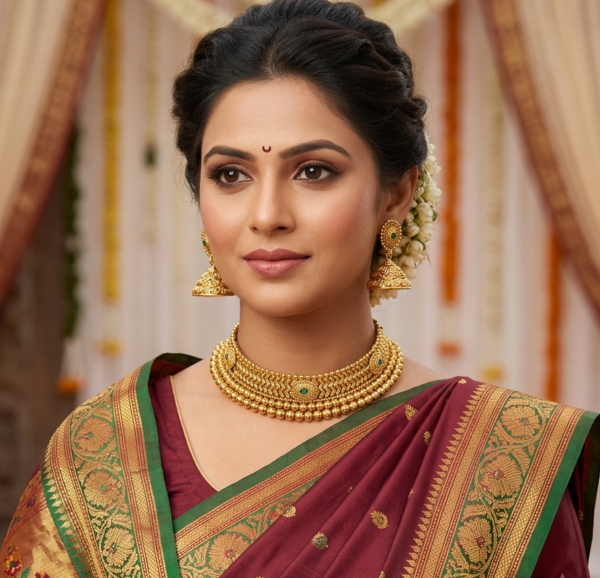 Model wearing a gold plated Maharashtrian thushi choker necklace with green stone centerpiece and matching jhumka earrings with maroon paithani saree.