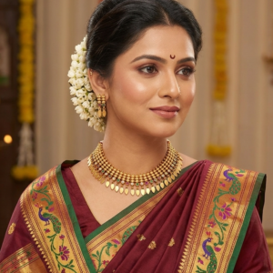 Model wearing a gold plated Maharashtrian thushi choker necklace with green and red stones, leaf drops, and matching small earrings with a maroon paithani saree.