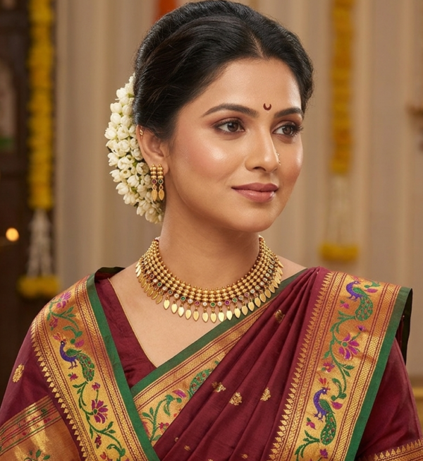 Model wearing a gold plated Maharashtrian thushi choker necklace with green and red stones, leaf drops, and matching small earrings with a maroon paithani saree.