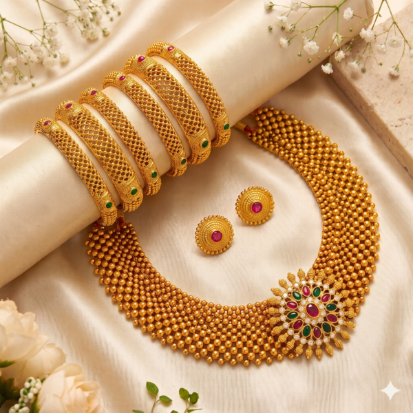 Studio display of gold plated Maharashtrian thushi choker necklace with ruby and emerald floral sunburst centerpiece, round stud earrings, and 6 mesh bangles on ivory fabric.