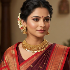 Model wearing traditional gold plated Maharashtrian thushi choker necklace with leaf drops and matching jhumki earrings paired with a maroon paithani saree.