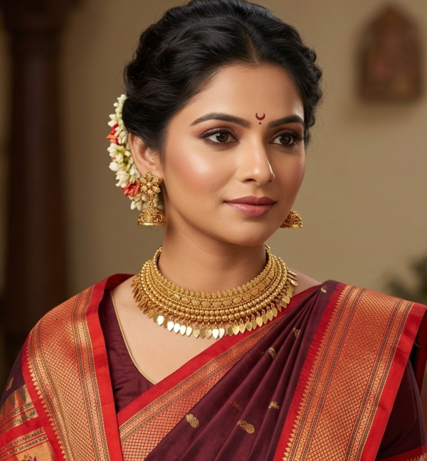 Model wearing traditional gold plated Maharashtrian thushi choker necklace with leaf drops and matching jhumki earrings paired with a maroon paithani saree.