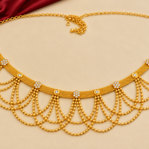 Traditional gold finish Kamarpatta waist belt with white stone floral motifs, mesh band and cascading gold-tone beaded chains.