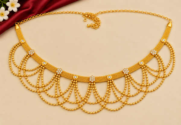 Traditional gold finish Kamarpatta waist belt with white stone floral motifs, mesh band and cascading gold-tone beaded chains.