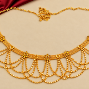 Traditional gold finish Kamarpatta waist belt with golden-yellow stone floral motifs, mesh band and cascading gold-tone beaded chains.