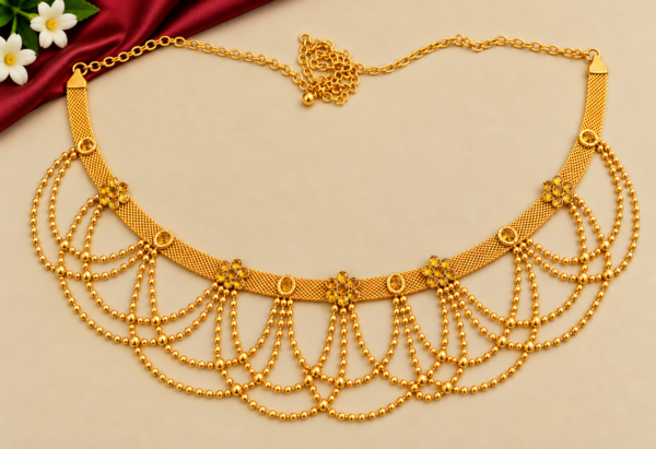 Traditional gold finish Kamarpatta waist belt with golden-yellow stone floral motifs, mesh band and cascading gold-tone beaded chains.