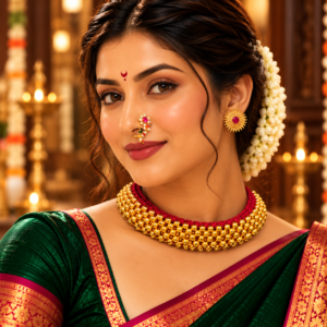 Maharashtrian Thushi necklace set with stud earrings and Nath