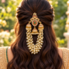 Bride wearing South Indian peacock jhumka hair accessory with layered pearl chains on a half-up bridal hairstyle.