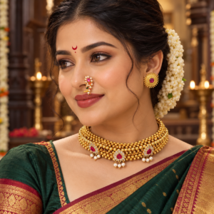 Maharashtrian Thushi choker necklace set with stud earrings and Nath