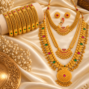 Studio flatlay display of complete gold plated Maharashtrian bridal set including thushi choker, medium haram, long saaj necklace, clip-on pearl nath, stud earrings, and 6 mesh bangles on ivory satin fabric.